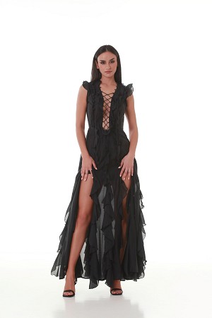 Black  Lace-Up Ruffle Maxi