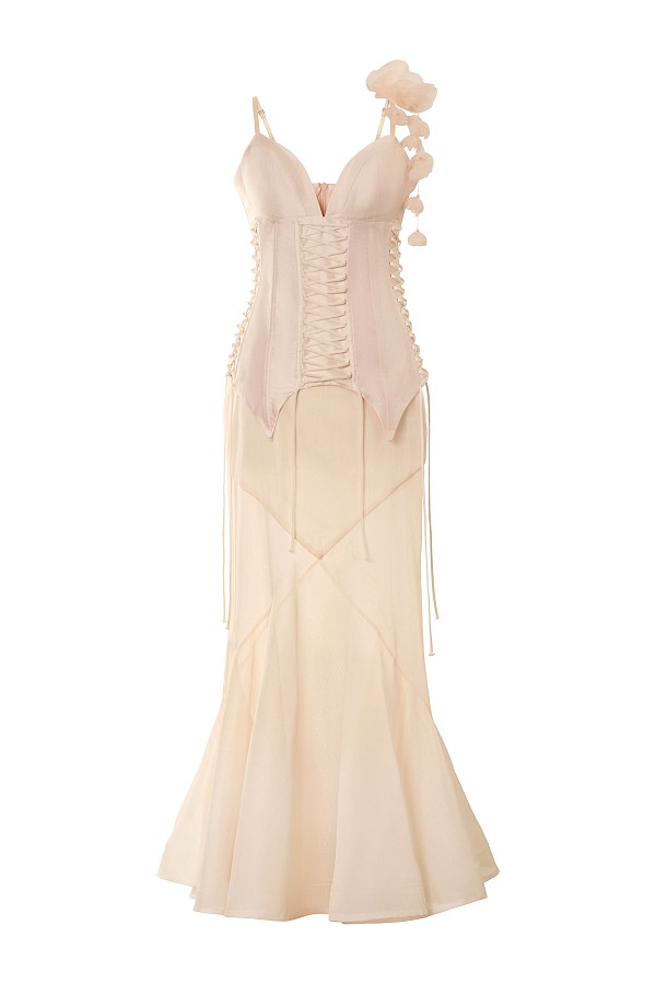 Candy Beige Shantung & 3D Petal Silk Corset Set