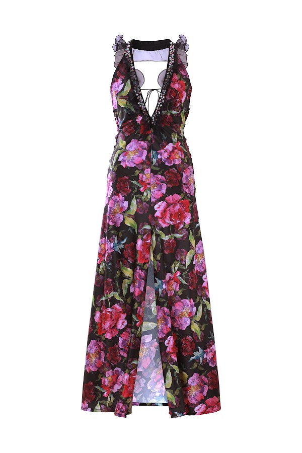 The Peony Embellished Halter-Neck Satin Maxi