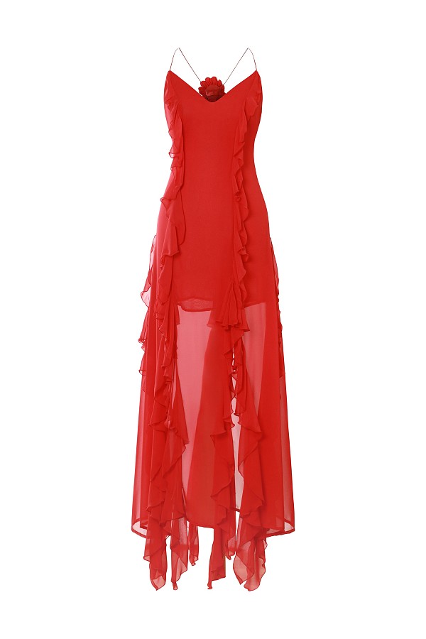 Red Ruffled V-neck Maxi Dress