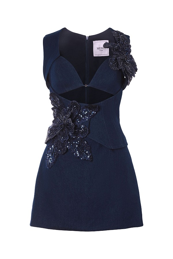 Ruffles and Rhythm Denim Corset Mini With Flower Appliqué
