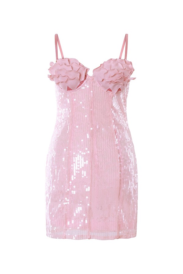 Sweetheart-Petal Neck Sequin Mini Dress in Pink