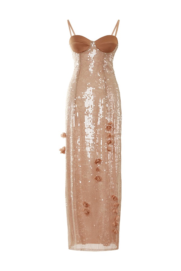 Sweetheart-Neck Sequin Maxi Dress in Almond Brown