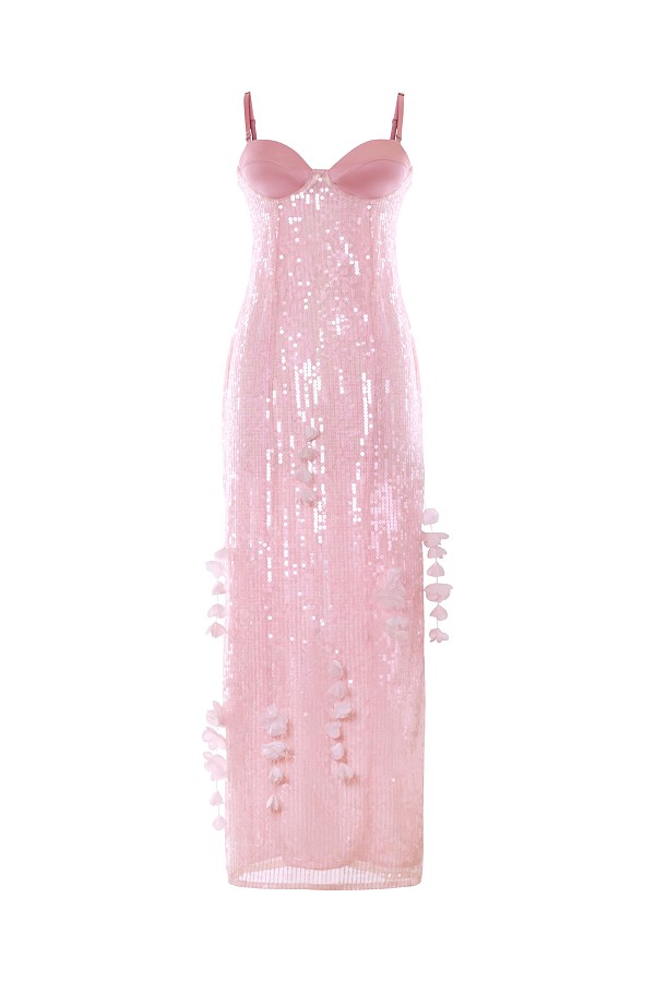Sweetheart-Neck Sequin Maxi Dress in Pink