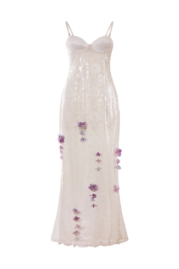 Sweetheart-Neck Sequin Maxi  Dress  in Off-white