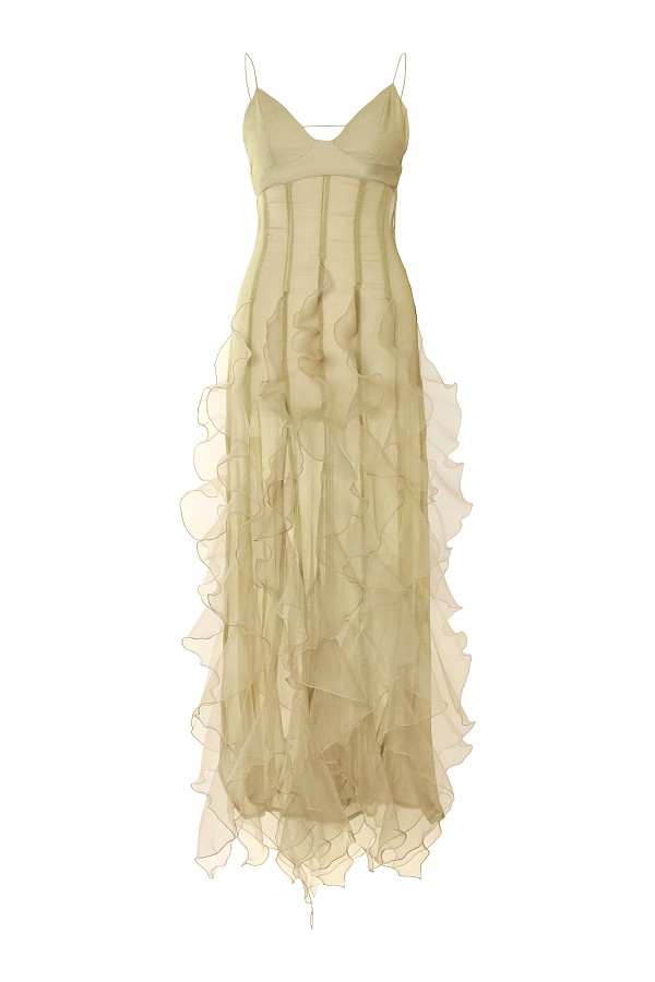 Ruffled Cut-Out Plissé Silk Olive Maxi Dress