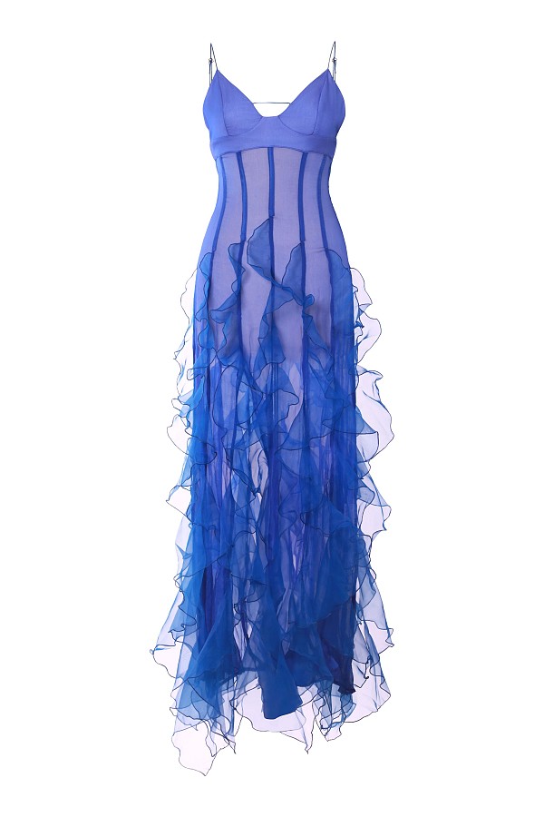 Ruffled Cut-Out Plissé Silk Baltimora Maxi Dress