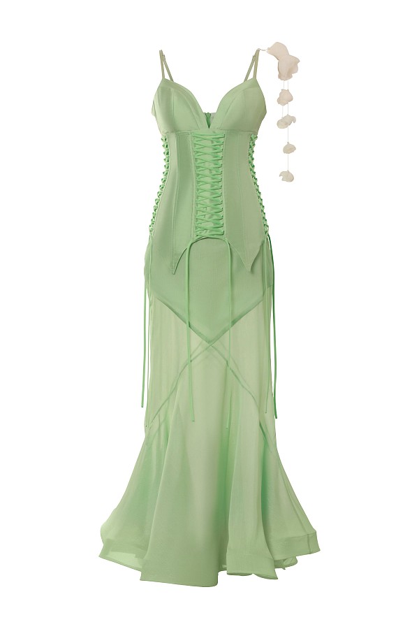 Mint Shantung & 3D Petal Silk Corset Set