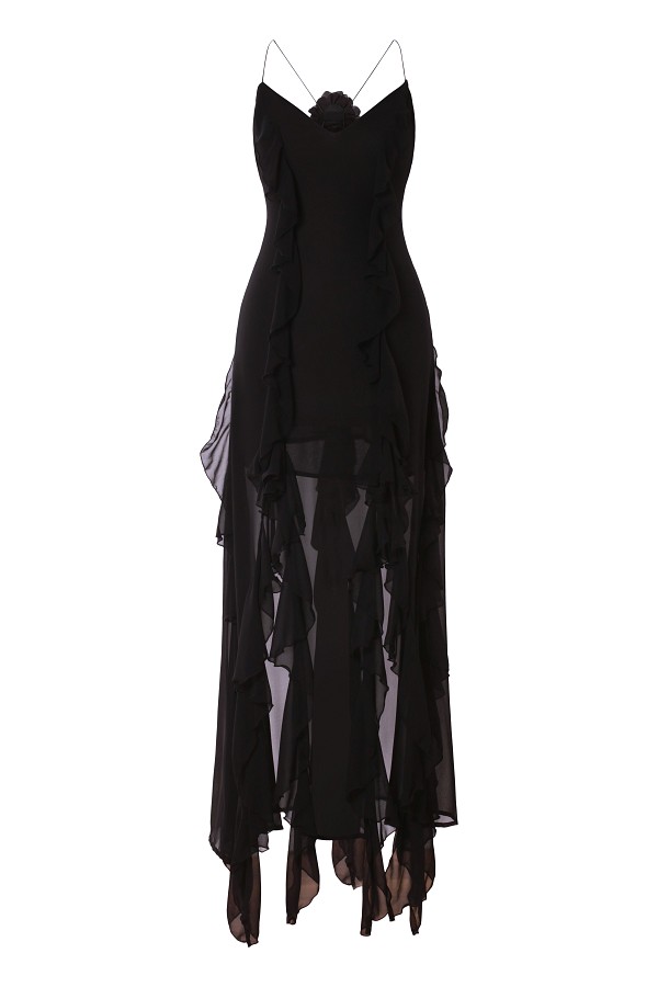 Black Ruffled V-neck Maxi Dress