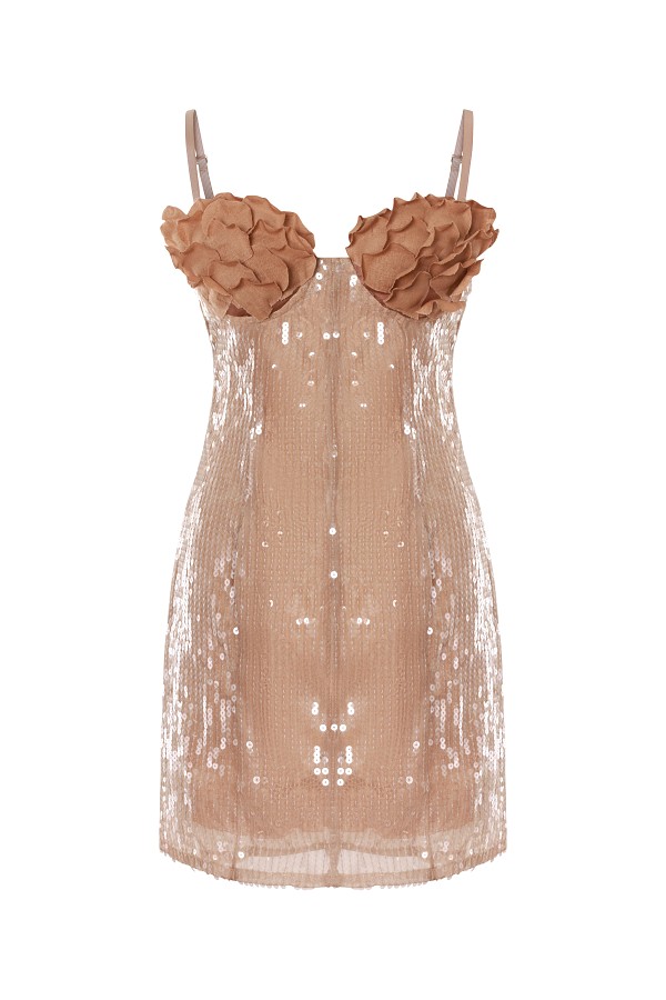 Sweetheart-Petal Neck Sequin Mini Dress in Almond Brown