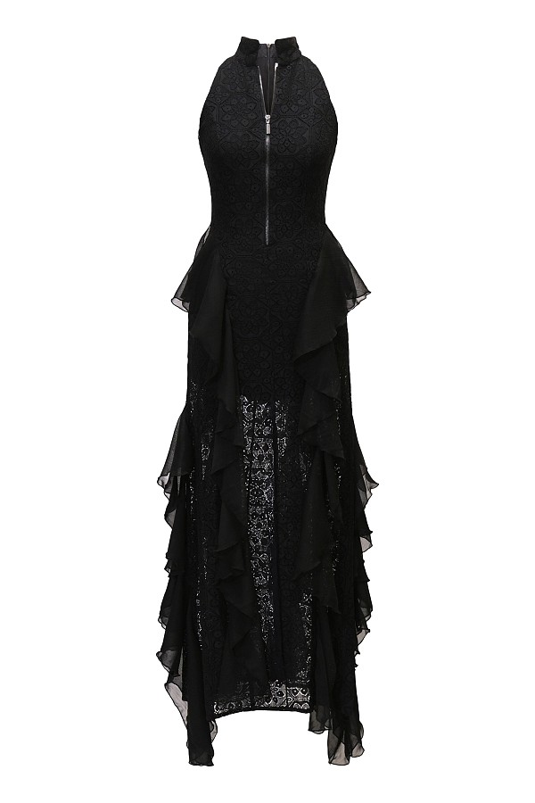Ruffled Guipure Black Lace Halter-neck Gown