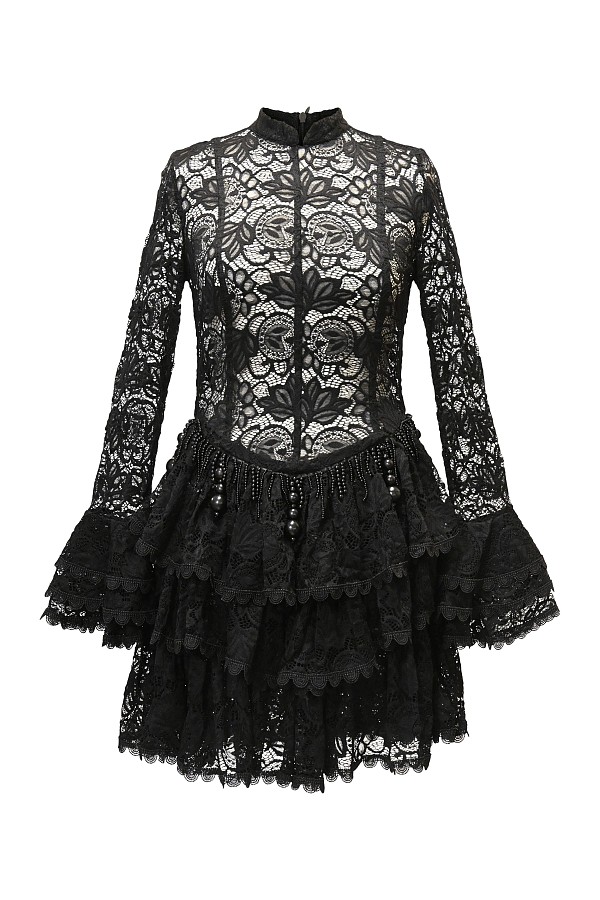 Long-sleeve Black Lace Mini Dress