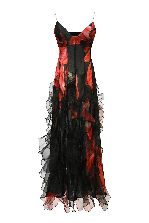 Flaming Roses Ruffle Printed Maxi Dress