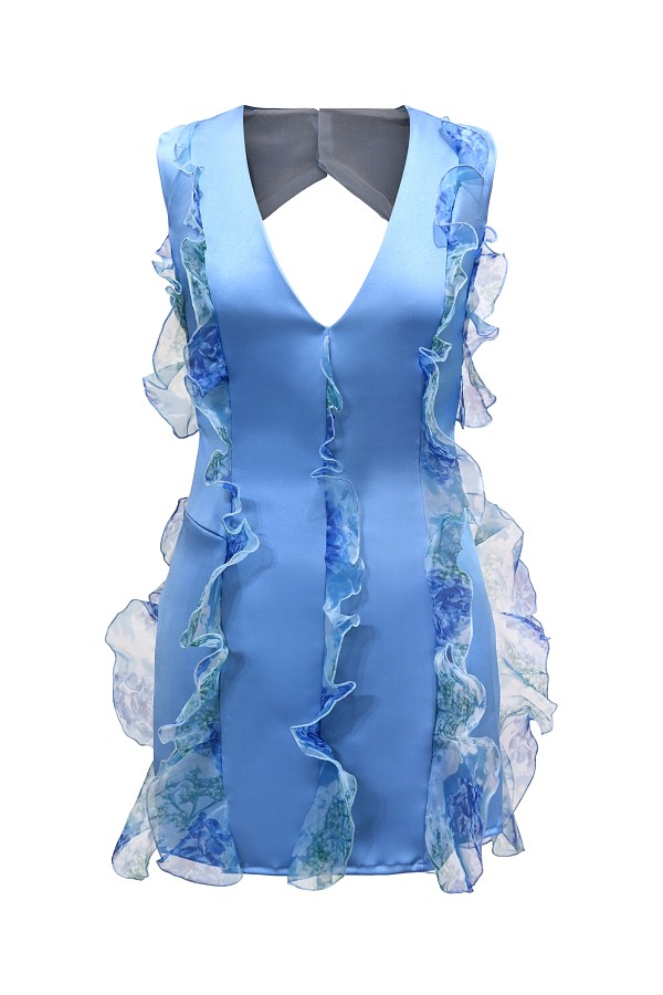 Cascading Ruffle Backless Satin Mini Dress in Ciel