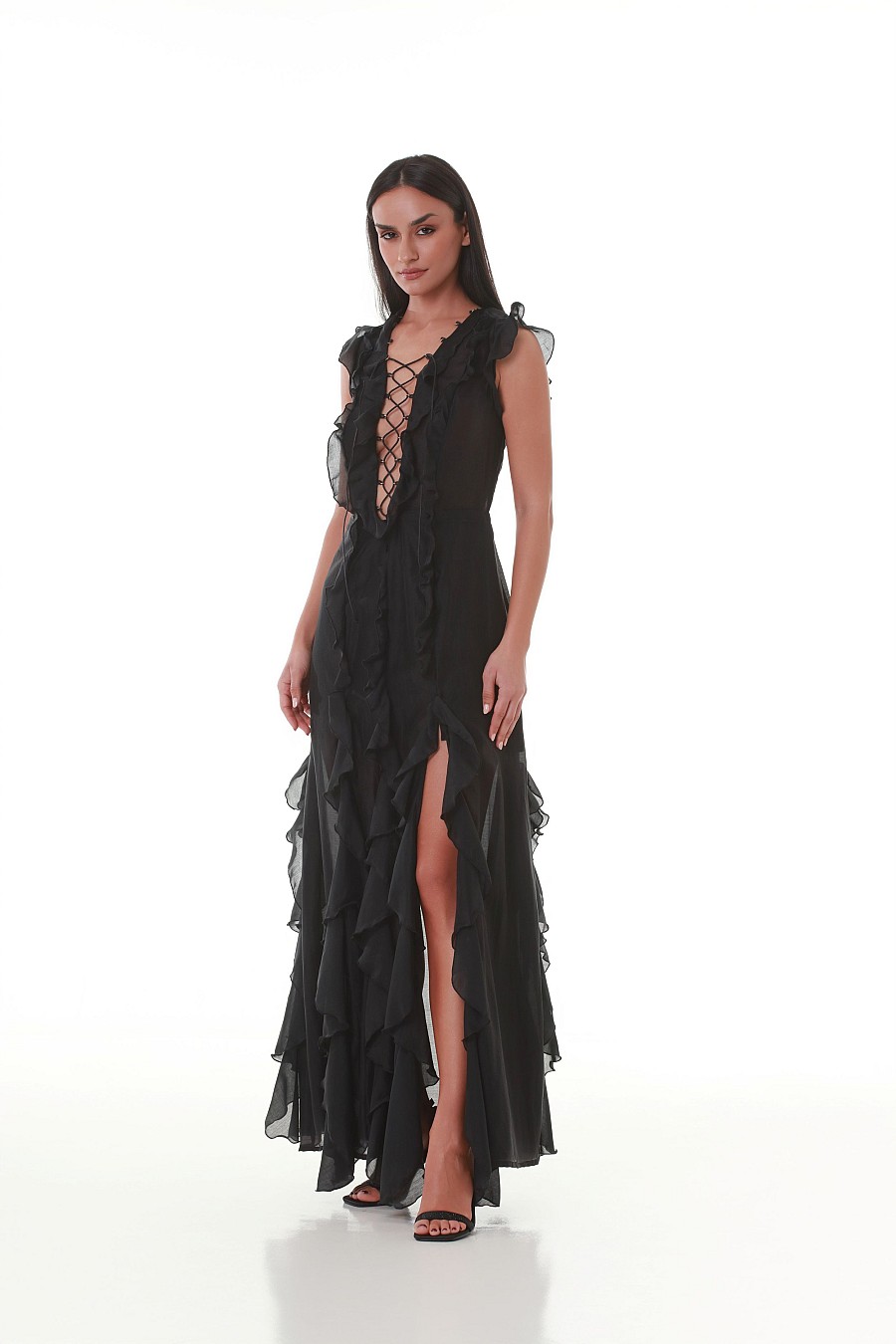 Black  Lace-Up Ruffle Maxi