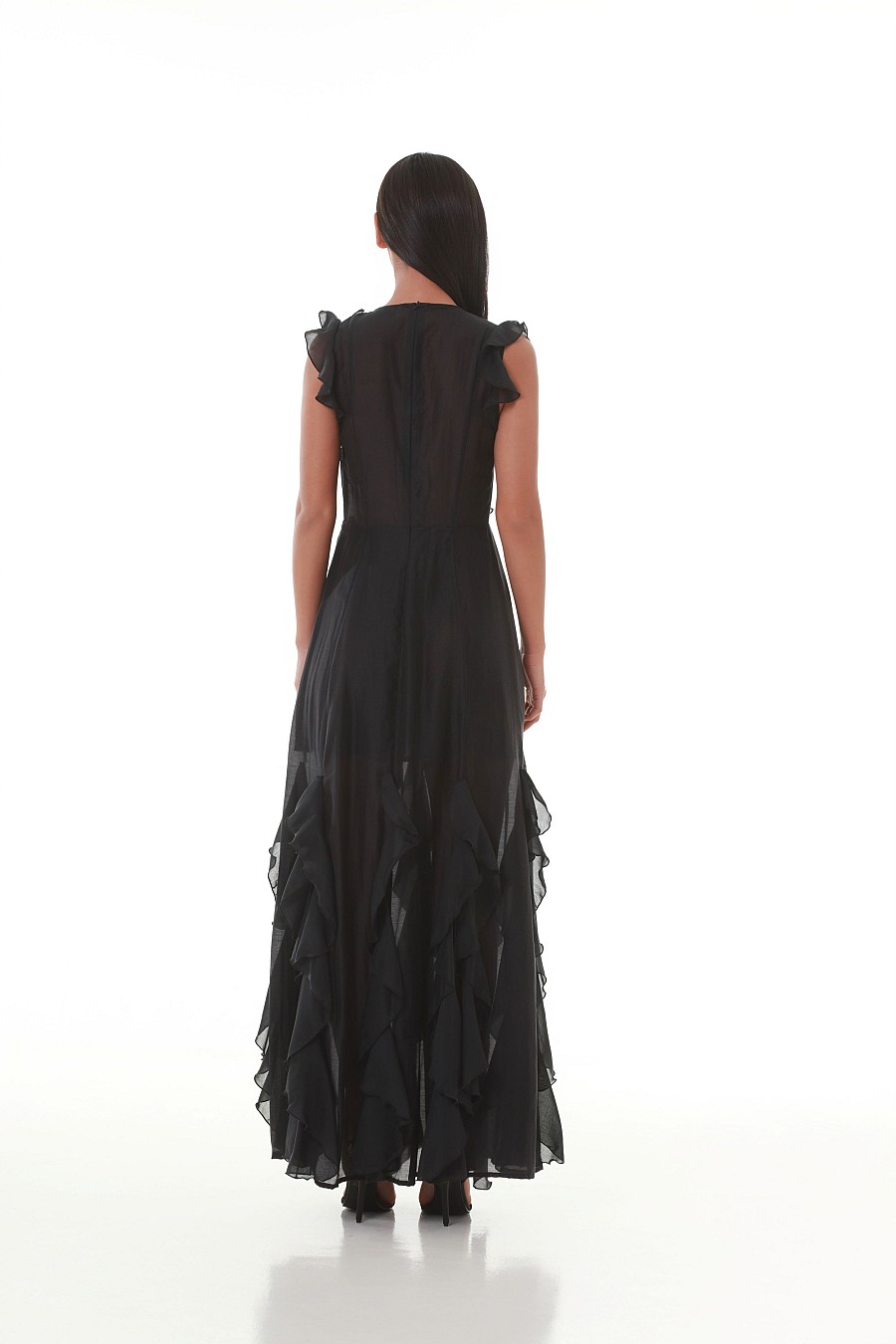 Black  Lace-Up Ruffle Maxi