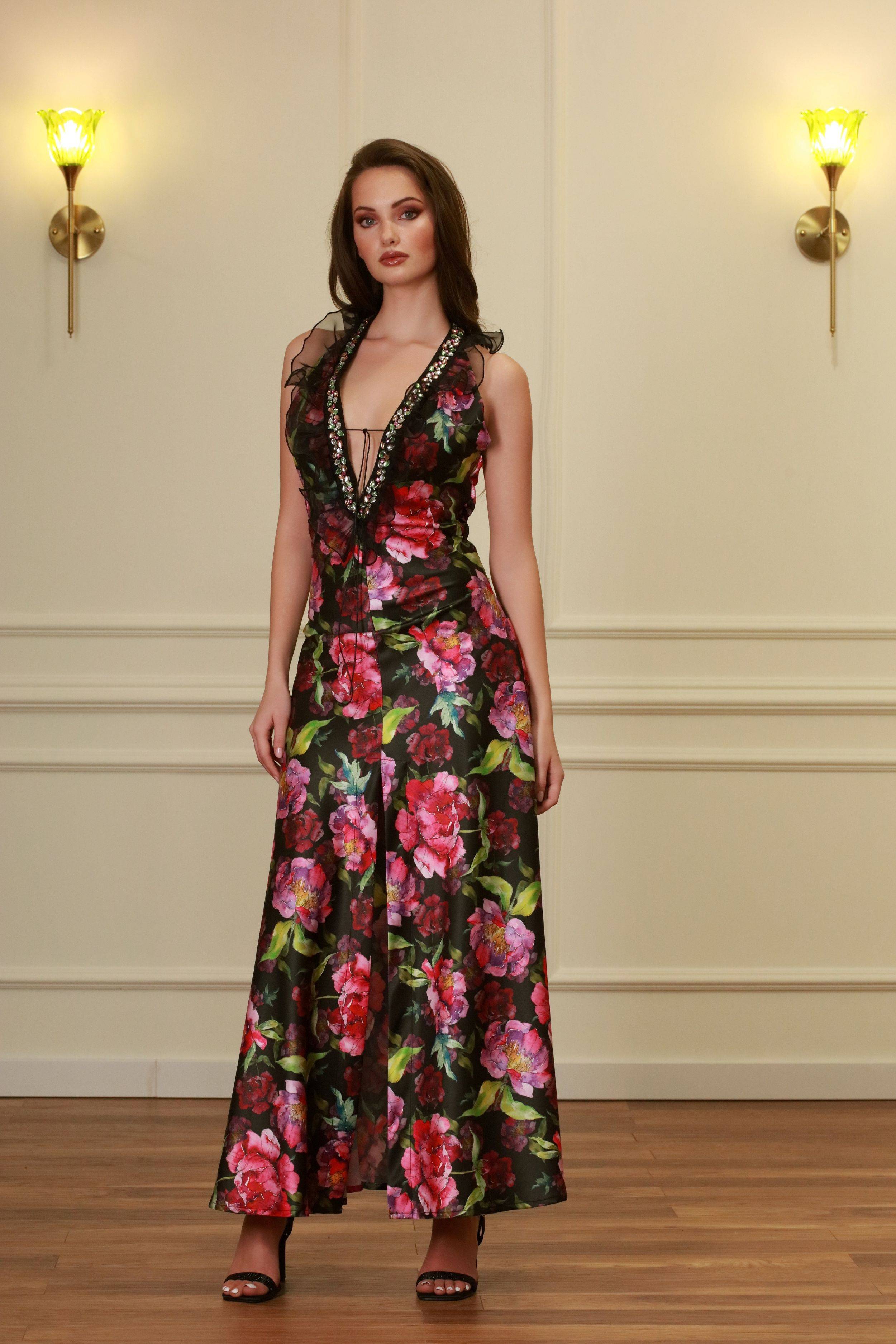 The Peony Embellished Halter-Neck Satin Maxi