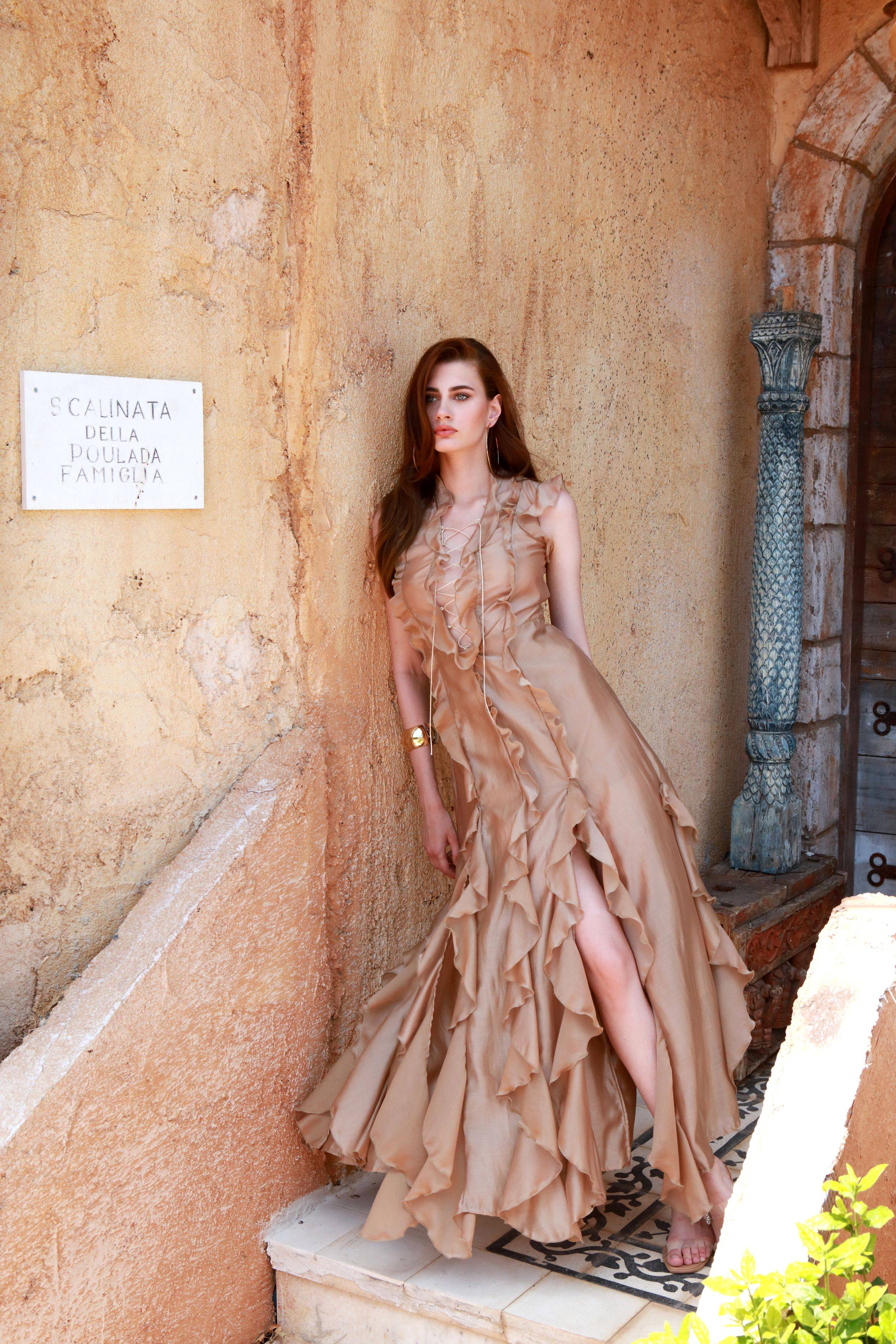 Sand Lace-Up Ruffle Maxi