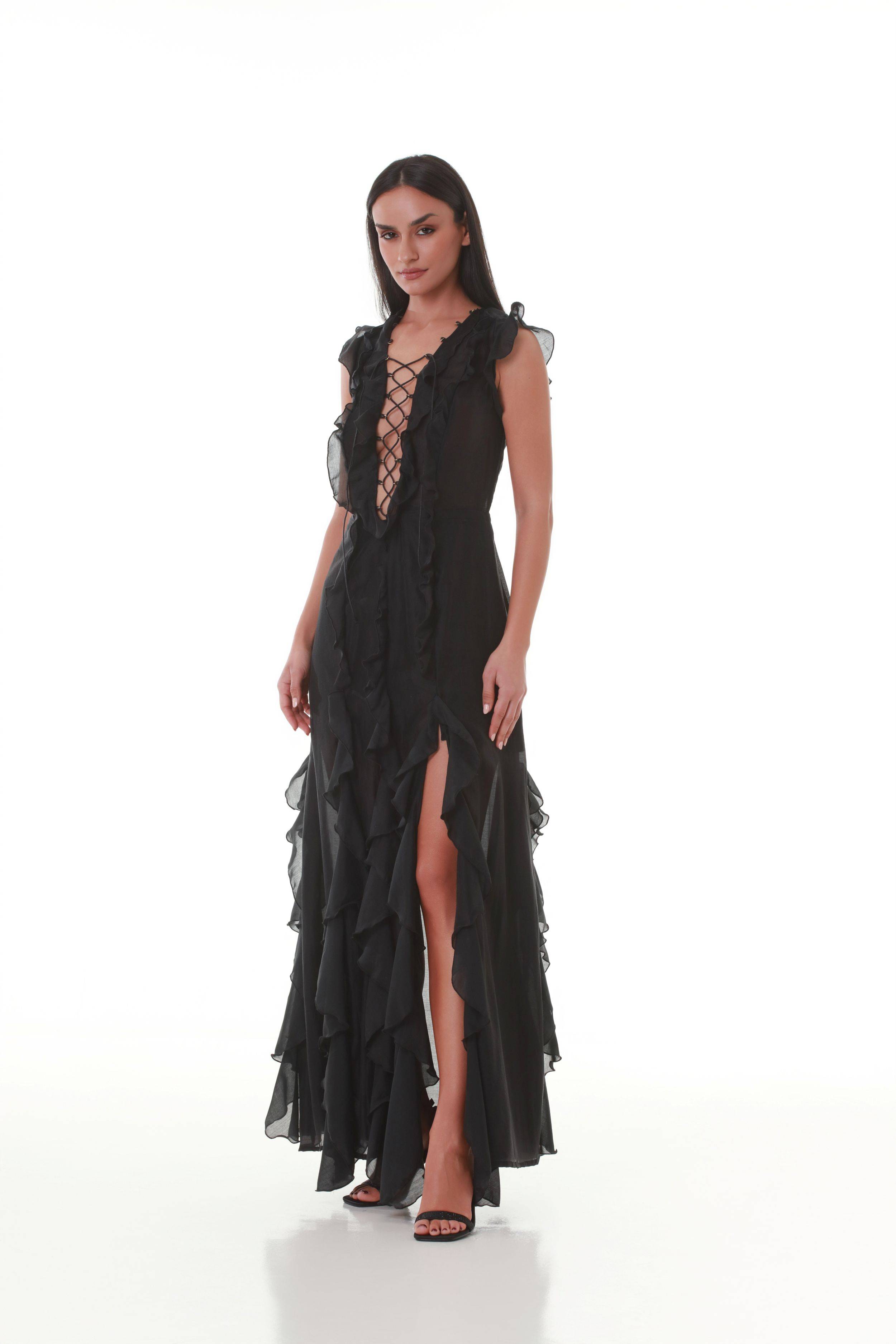 Black  Lace-Up Ruffle Maxi